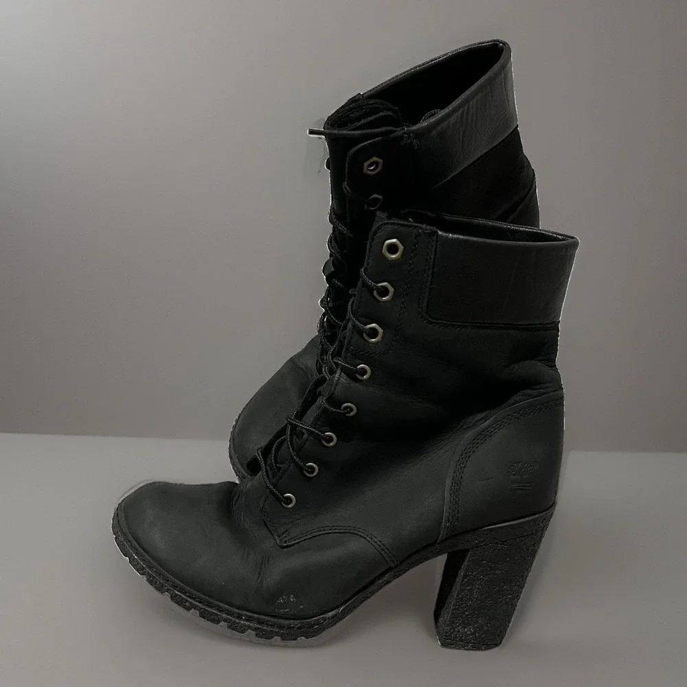 Timberland Glancy Earthkeepers Womens Black Lace-Up Block Heeled Boots Size 7.5